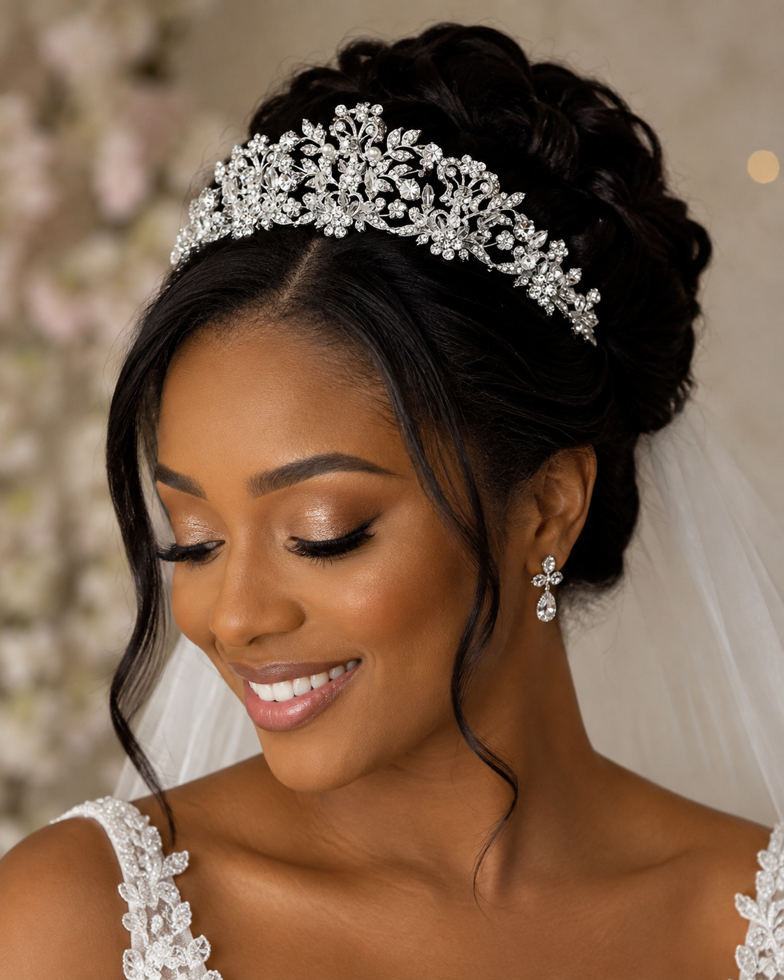 Crystal & Pearl Floral Bridal Tiara #7102