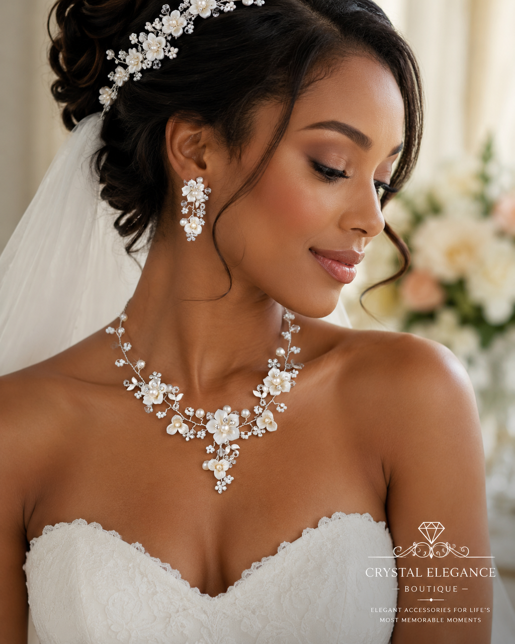 Beautiful Silver Rhodium Crystal, Porcelain & Pearl Bridal Jewelry Set #1014 Clipped Earring