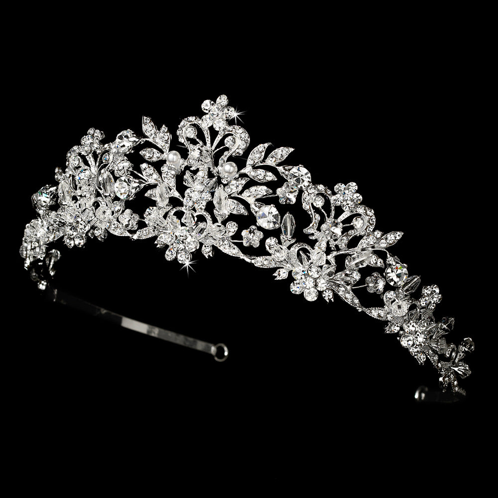 Crystal & Pearl Floral Bridal Tiara #7102