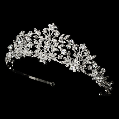 Crystal & Pearl Floral Bridal Tiara #7102