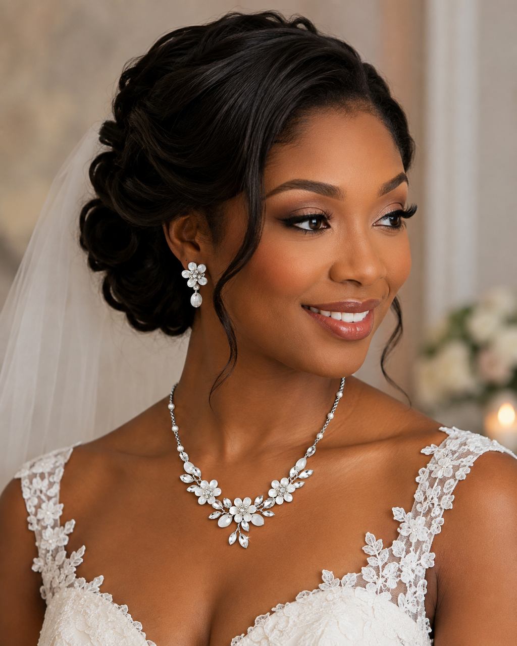Silver Floral Bridal Jewelry Set with Ivory Pearls & Crystal Accents #8309