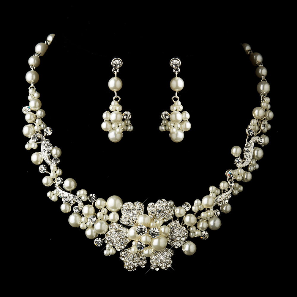 Silver Ivory Pearl Floral Bridal Jewelry Set #7660 – Crystal Wedding Necklace & Earrings