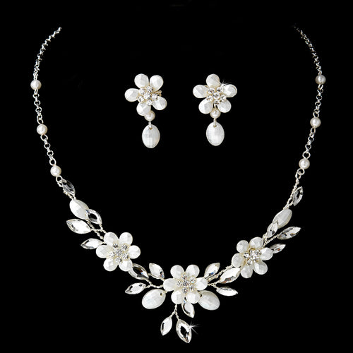 Silver Floral Bridal Jewelry Set with Ivory Pearls & Crystal Accents #8309