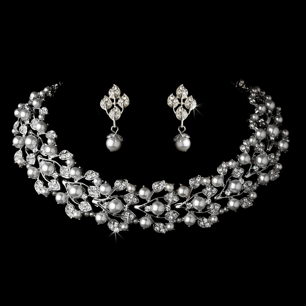 Ivory Pearl & Crystal Leaf Bridal Necklace and Earring Set #969