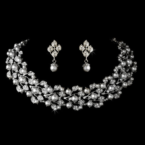 Ivory Pearl & Crystal Leaf Bridal Necklace and Earring Set #969