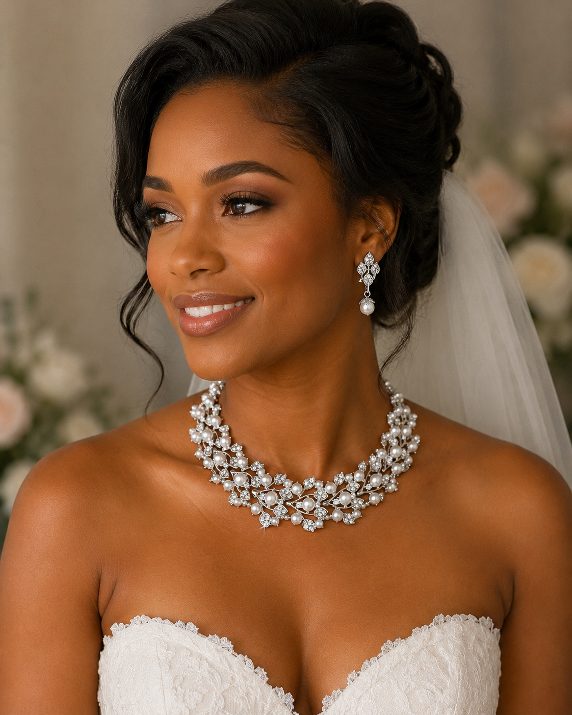 Ivory Pearl & Crystal Leaf Bridal Necklace and Earring Set #969