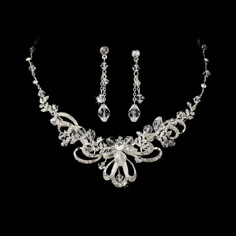 Silver Swarovski Crystal Bridal Necklace & Earrings Set #7324
