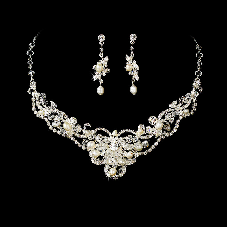 Silver Ivory Freshwater Pearl & Crystal Bridal Jewelry Set #7825