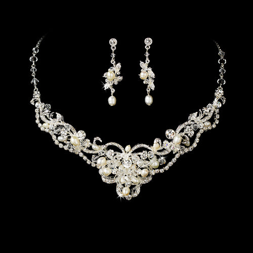 Silver Ivory Freshwater Pearl & Crystal Bridal Jewelry Set #7825