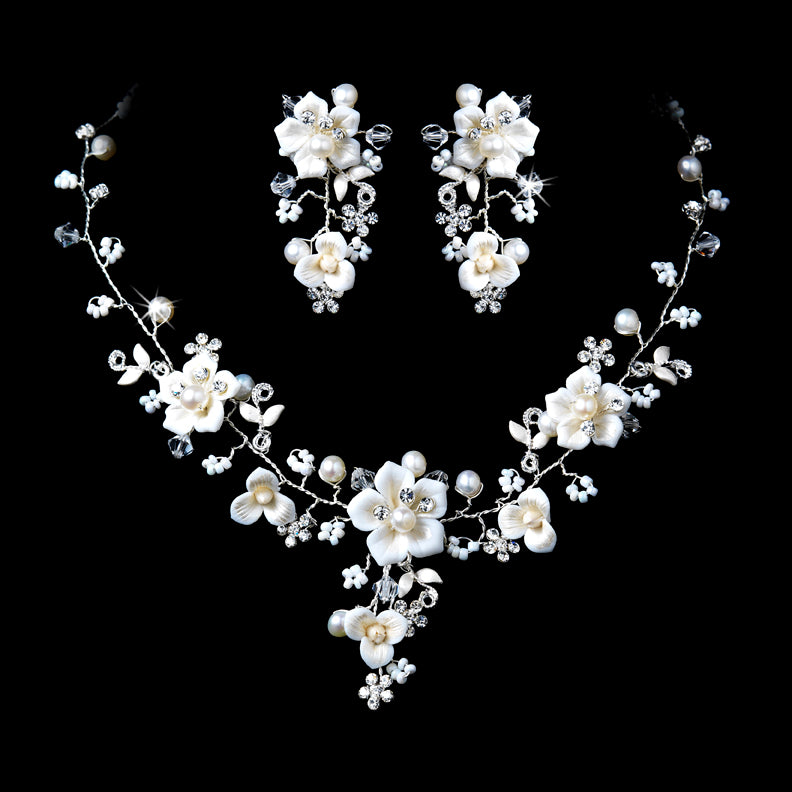 Beautiful Silver Rhodium Crystal, Porcelain & Pearl Bridal Jewelry Set #1014 Clipped Earring