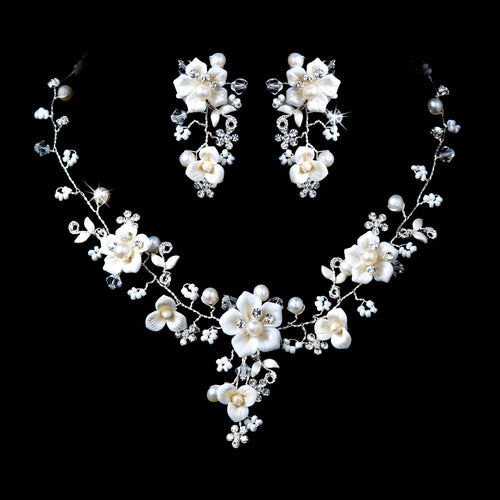 Beautiful Silver Rhodium Crystal, Porcelain & Pearl Bridal Jewelry Set #1014 Clipped Earring