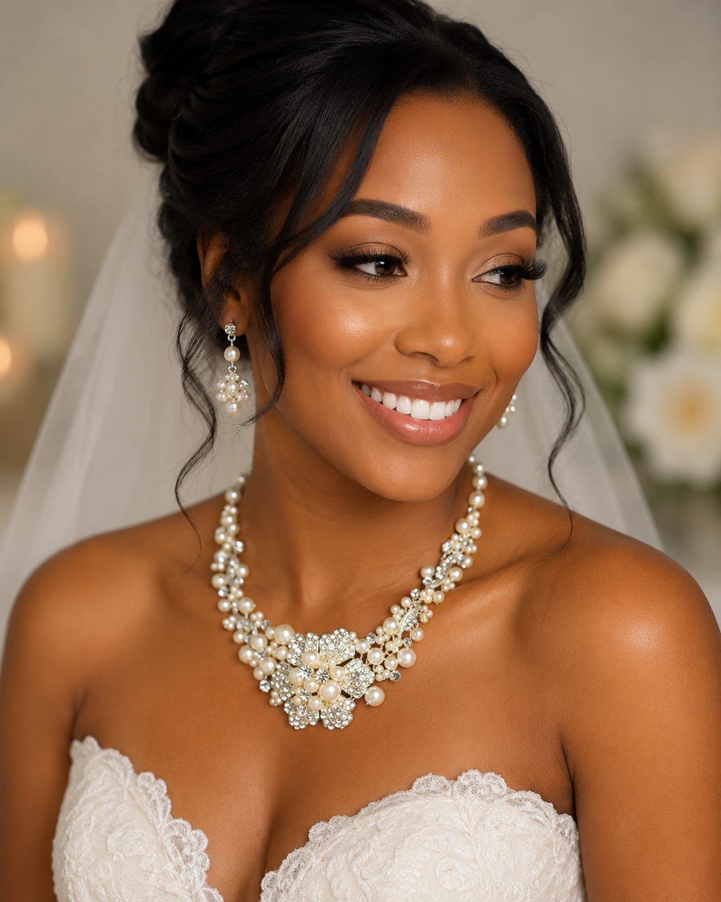 Silver Ivory Pearl Floral Bridal Jewelry Set #7660 – Crystal Wedding Necklace & Earrings