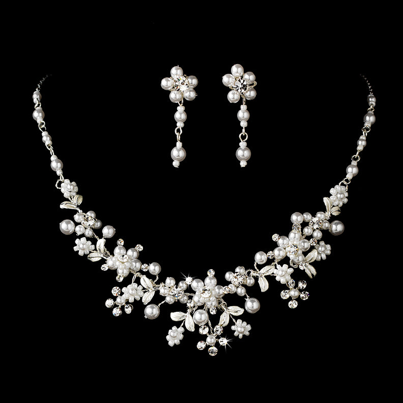 Silver Pearl & Crystal Floral Bridal Jewelry Set #8001